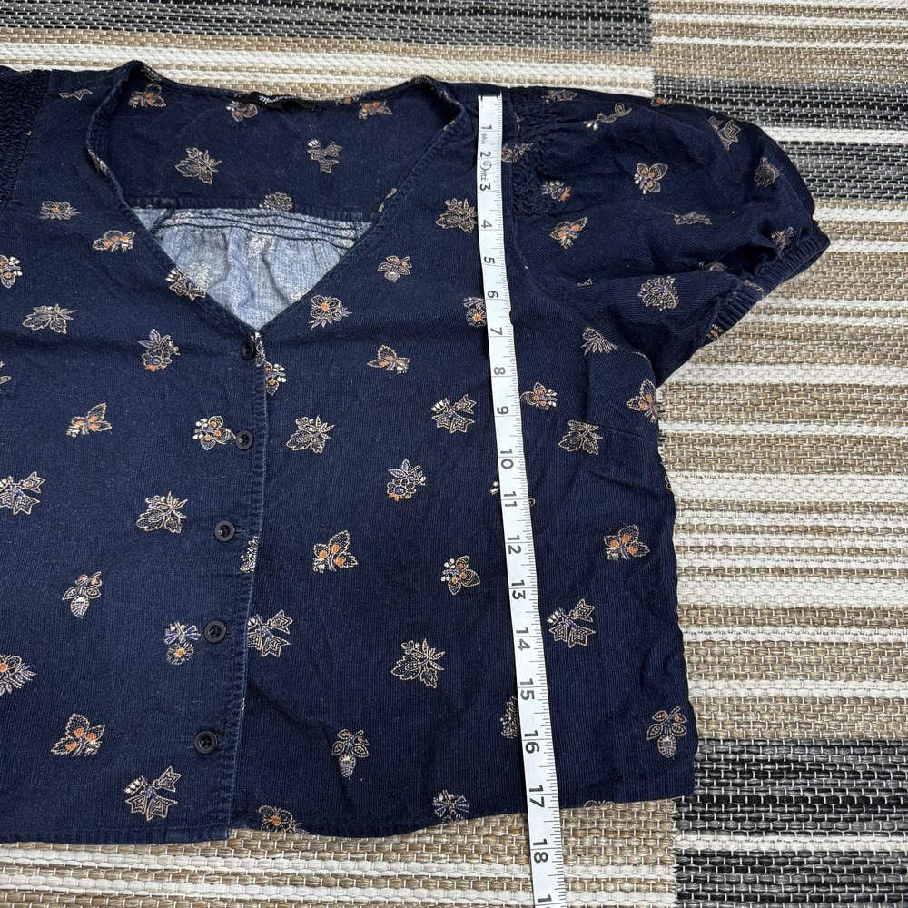 Madewell Shirt Women's Medium Corduroy Bubble Sleeve Crop Shirt Navy Blockprint - Picture 11 of 14